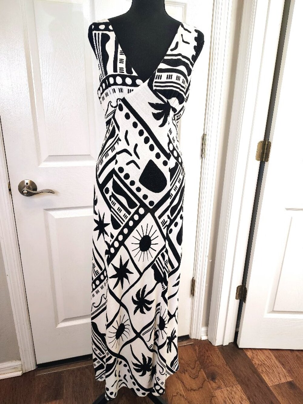 Anthropologie Paper Heart Black White Linen Maxi Dress Babydoll 90s Boho Size M